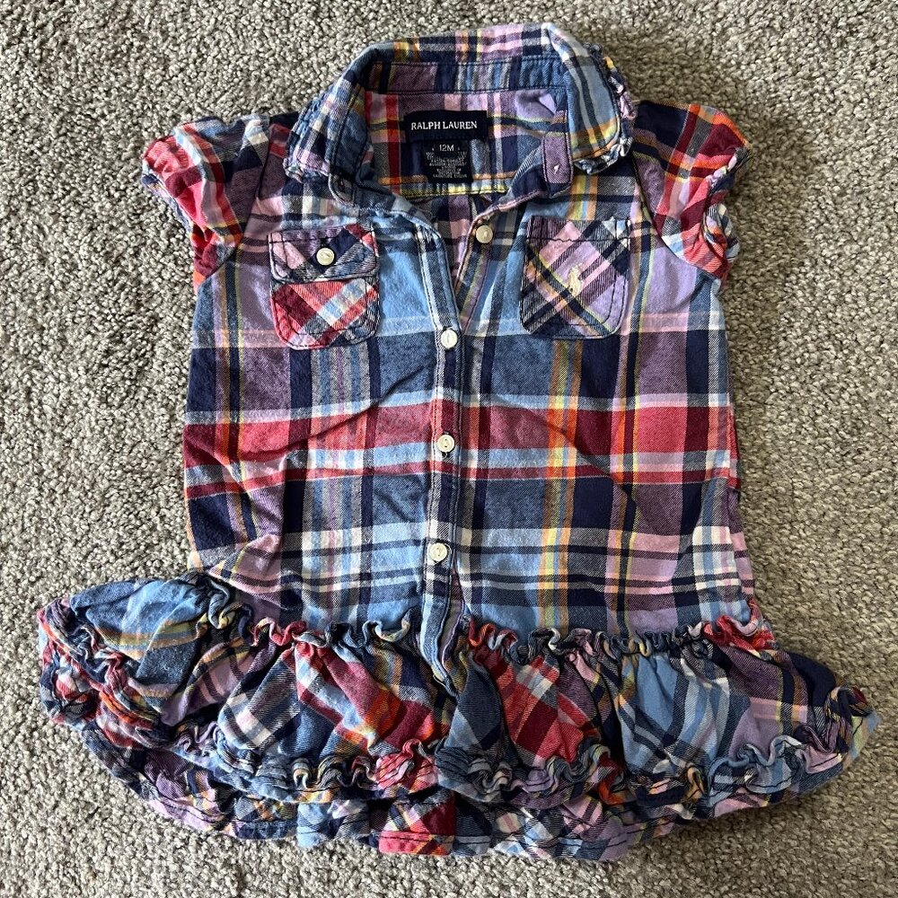 Ralph lauren dress baby girls 12M red blue plaid‎ ruffle button summer casual